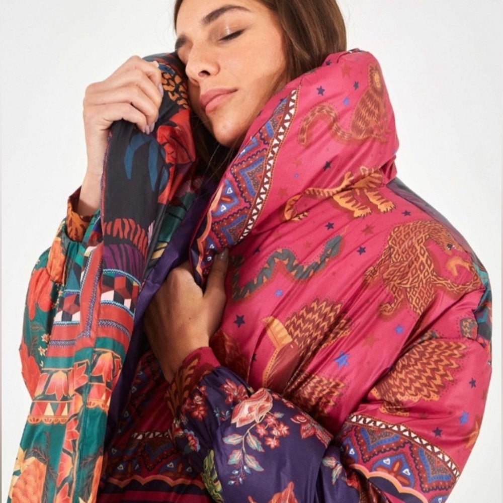 Farm Rio Mixed Scarves Kimono Puffer Jacket in Multi
